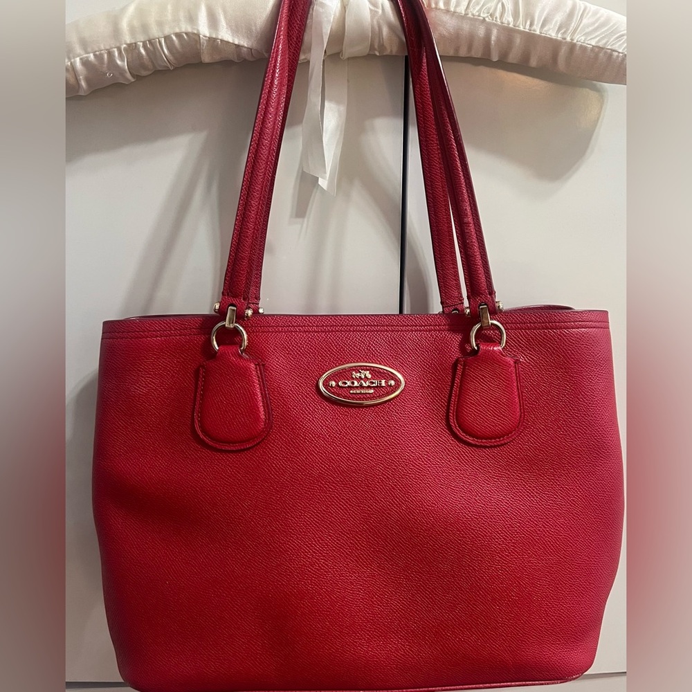 Coach Red Pebbled Leather Tote with Gold Logo